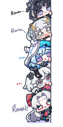  ... 5girls :< ahoge beret black_bow black_eyes black_flower black_gloves black_hair blake_bloom_(wuthering_waves) blue_eyes blue_hair blue_hat bow bright_pupils camellya_(wuthering_waves) carlotta_(wuthering_waves) chibi chibi_only closed_mouth commentary_request english_text flower frown gloves hair_bow hair_flower hair_ornament hat hat_bow highres jinhsi_(wuthering_waves) long_hair looking_at_viewer mole multicolored_hair multiple_girls open_mouth parted_bangs peeking_out pink_bow pink_pupils purple_pupils red_pupils shorekeeper_(wuthering_waves) simple_background smile streaked_hair striped_bow syurikenmaru tearing_up v-shaped_eyebrows veil very_long_hair violet_eyes white_background white_eyes white_hair white_hat white_pupils white_veil wuthering_waves yangyang_(wuthering_waves) 