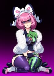  1girl bow breasts drill_hair drill_sidelocks dynamax_band eyeshadow flipped_hair fur_jacket gradient_background hair_bow hairband jacket kenron_toqueen klara_(pokemon) makeup medium_breasts midriff_peek mole mole_under_mouth multicolored_thighhighs pink_eyeshadow pink_hair pink_lips pokemon pokemon_sword_and_shield print_shirt print_shorts purple_background shaded_face shirt short_hair shorts side_slit side_slit_shorts sidelocks sitting solo thick_thighs thigh-highs thighs third-party_source two-tone_shirt two-tone_shorts two-tone_thighhighs violet_eyes wariza white_bow white_hairband 