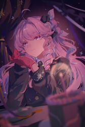  1girl absurdres ahoge alternate_costume birthday_cake black_bow black_shirt blue_eyes blurry blurry_foreground bow cake closed_mouth denia_(wuthering_waves) food gloves hair_bow hair_intakes highres long_hair long_sleeves looking_at_viewer pink_hair pink_pupils red_gloves shirt smile solo wuthering_waves xinxinran09773 