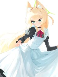  1girl absurdres alternate_costume animal_ears apron aqua_eyes black_dress blonde_hair blue_archive blush bow closed_mouth commentary dress fox_ears fox_girl green_halo halo highres kurumi_(blue_archive) long_hair long_sleeves maid maid_apron puffy_long_sleeves puffy_sleeves red_bow rokun solo very_long_hair 