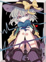  1girl :/ black_boots black_hat blouse blue_nails boots bow bright_pupils closed_mouth commentary_request crack disembodied_linked_eye fingernails frilled_shirt_collar frilled_sleeves frills full_body green_eyes green_hair hair_between_eyes hat hat_bow head_tilt heart highres holding knees_together_feet_apart knees_up komeiji_koishi long_sleeves looking_at_viewer nail_polish roamu_65 shirt short_hair sitting solo touhou white_pupils wide_sleeves yellow_bow yellow_shirt 