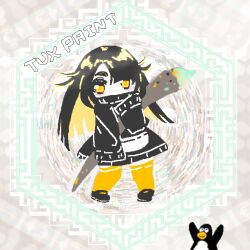  1boy 1girl averting_eyes belderchal bird black_dress black_hair black_shoes blonde_hair blunt_bangs blunt_ends blush chibi commentary contrapposto copyright_name covered_mouth dress english_commentary full_body giant_brush hexagon honeycomb_(pattern) honeycomb_background humanization kneehighs linux long_hair long_sleeves mary_janes multicolored_hair orange_eyes orange_socks original paintbrush penguin personification shoes side_part sleeves_past_fingers sleeves_past_wrists socks turtleneck turtleneck_dress tux tuxpaint_(medium) two-tone_hair yellow_theme 