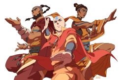  1girl 2boys aang absurdres arm_markings arrow_(symbol) arrow_tattoo avatar:_the_last_airbender avatar_aang:_the_last_airbender avatar_legends bald beard blue_tattoo buzz_cut facial_hair forehead_tattoo full-body_tattoo full_beard head_tattoo highres maik_check monk multiple_boys muscular_arms mustache_stubble orange_robe robe short_hair sonam stubble tagah tattoo thick_beard triceps tunic very_short_hair yellow_tunic 