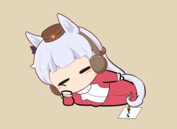  1girl animal_ears blunt_bangs blush brown_background brown_hat chibi chibi_only closed_eyes commentary_request drawing_(action) full_body gold_ship_(umamusume) gomashio_(goma_feet) grey_hair hat head_rest holding holding_pencil horse_ears horse_girl horse_tail jacket long_hair long_sleeves lying no_mouth on_side pants paper pencil prehensile_tail red_jacket red_pants simple_background solo tail tracen_training_uniform track_jacket umamusume 