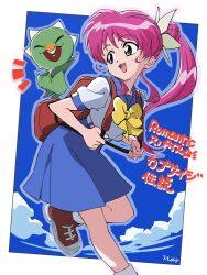  1girl aqua_eyes artist_request backpack bag blue_outline blue_skirt border bow brown_bag brown_shoes capsakid closed_eyes clouds collared_shirt commentary_request eyelashes highres holding_strap long_hair notice_lines official_art open_mouth outline pink_hair pokemon pokemon_(anime) pokemon_(creature) poketoon ponytail second-party_source shirt shoes short_sleeves sidelocks signature skirt smile tooth white_border white_shirt yellow_bow 