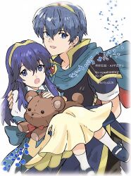  1boy 1girl :d :o aged_down ancestor_and_descendant armor black_pants blue_cape blue_eyes blue_gloves blue_hair blue_petals blue_shoes blush cape carrying child fingerless_gloves fire_emblem fire_emblem:_mystery_of_the_emblem fire_emblem_awakening gloves hair_between_eyes highres holding holding_stuffed_toy kiriya_(552260) long_hair looking_at_viewer lucina_(fire_emblem) marth_(fire_emblem) pants petals princess_carry red_cape shoes short_hair short_sleeves shoulder_armor skirt smile socks stuffed_animal stuffed_toy teddy_bear tiara two-tone_cape white_background white_socks yellow_skirt 