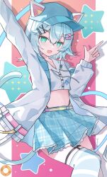  animal_ears aqua_eyes belt blue_hair blue_thighhighs cat_ears cat_girl cat_tail commentary cropped_shirt fang hair_ornament hat highres index_finger_raised jacket maimai_(game) midriff milk_(maimai) navel open_mouth otarc short_hair skirt star_(symbol) symbol_in_eye tail thigh-highs thigh_strap white_jacket 