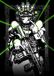  1girl absurdres ammunition_pouch assault_rifle black_background black_hair bulletproof_vest combat_helmet commentary english_commentary eotech facing_viewer flashlight foregrip gloves green_eyes gun hair_over_eyes headphones helmet highres holding holding_gun holding_weapon laser_sight light_frown long_skirt looking_at_viewer m4_carbine maid medium_hair microphone night_vision_device original partially_colored picture_frame pointing pointing_at_self pouch puffy_sleeves radio_antenna rifle skirt solo_focus tactical_clothes taida vertical_foregrip weapon 
