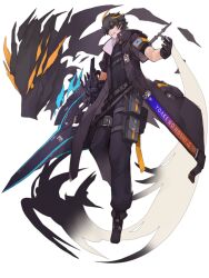  1boy black_boots black_coat black_gloves black_hair black_pants boots chain_paradox coat gloves highres holding holding_weapon male_focus mayudachi_alone multicolored_hair pants pouch red_cat_hood streaked_hair sunglasses thigh_pouch weapon 