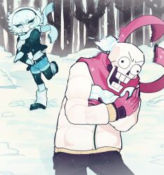  1boy 1girl 2025 2d alternate_costume anthro aqua_scarf aqua_shorts aqua_skin aqua_socks bad_deviantart_id bad_id bad_tiktok_id black_jacket black_pants black_pantyhose black_shoes breasts cephalopod closed_eyes colored_skin commentary denim denim_shorts digital_media duo english_commentary female floating_scarf full_body gloves highres holding holding_snow humanoid ichi_(tentaclesnbones) jacket kneehighs leg_warmers long_sleeves male monster monster_boy monster_girl oc_x_canon octopus octopus_girl original original_character outdoors pants pantyhose pantyhose_under_shorts papyrus_(undertale) pinstripe_leg_warmers pinstripe_pattern pinstripe_sweater polka_dot_scarf polka_dot_socks red_gloves red_scarf scarf shoes short_hair shorts skeleton snow snowball snowball_fight socks suction_cups sweater teeth tentacle_girl tentacle_hair tree undead undertale utdr_(toby_fox) wall-eyed white_hair white_jacket white_leg_warmers white_sweater winter_clothes 