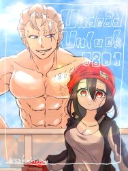  1boy 1girl andy_(undead_unluck) beanie black_hair black_pants blue_hair breasts chest_tattoo enpera gloves hat holding holding_knife izumo_fuuko jacket knife long_sleeves multicolored_jacket muscular muscular_female no_eyebrows pants red_eyes red_gloves sakakiryou scar scar_on_chest scar_on_face tank_top tattoo topless_male two-tone_jacket undead_unluck white_hair 