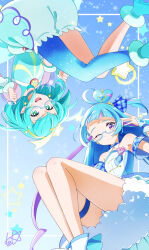  2girls absurdres aokaze_nana aqua_eyes aqua_hair asymmetrical_legwear bare_shoulders bespectacled blue_hair blue_pantyhose blue_theme blush bracelet breasts closed_mouth collarbone commentary_request cure_milky cure_wink detached_collar dress earrings europa_715 feet_out_of_frame glasses hagoromo_lala hair_ornament hairband hand_up headphones highres idol idol_clothes idol_heart_brooch_(precure) idol_heart_incom jewelry kimi_to_idol_precure long_hair looking_at_viewer magical_girl medium_hair mismatched_legwear multicolored_hair multiple_girls one_eye_closed open_mouth pantyhose plaid_clothes plaid_ribbon plaid_sleeves precure purple_hair ribbon see-through_clothes short_sleeves sidelocks small_breasts smile solo star_(symbol) star_earrings star_hair_ornament star_twinkle_precure strapless strapless_dress very_long_hair violet_eyes 