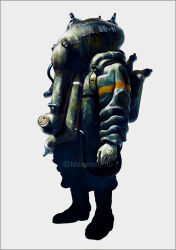  baggy_clothes boots cable commentary_request diving_suit gloves helmet masahiro_ito object_head original oxygen_tank peace_symbol radio_antenna russian_text science_fiction single_horizontal_stripe solo_focus traditional_media white_background 