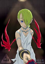  1girl blue_eyes bracelet breath_of_fire breath_of_fire_v closed_mouth commentary_request dated dress full-body_tattoo green_hair hair_over_one_eye highres jewelry looking_at_viewer nina_(breath_of_fire_v) pov red_wings satori_ill short_hair solo tattoo watermark white_dress wings 