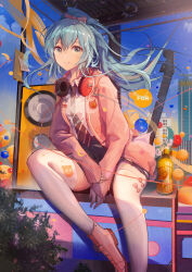  1girl :d absurdres aqua_eyes black_necktie black_skirt blue_hair boots bow cardigan chinese_commentary collared_shirt commentary floating_hair hair_bow hatsune_miku hatsune_miku_(ribbon_girl) headphones headphones_around_neck highres long_hair long_sleeves miniskirt mole mole_under_eye necktie open_cardigan open_clothes open_mouth pink_boots pink_bow pink_cardigan pleated_skirt ponytail project_diva_(series) revision shirt skirt sleeves_past_wrists smile solo soukl.m striped_clothes striped_necktie thigh-highs vocaloid white_shirt white_thighhighs wing_collar zettai_ryouiki 