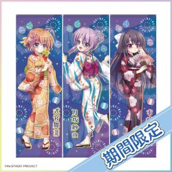  3girls :d :o aerial_fireworks ahoge aqua_eyes back_bow black_hair black_kimono black_sandals blue_eyes blue_kimono bow character_name closed_mouth copyright_name copyright_notice dot_nose fang fireworks floral_print floral_print_kimono flower folding_fan green_sash hair_bow hand_fan hand_in_own_hair hand_up hands_up highres holding holding_fan holding_pinwheel ichikishima_mizuha izumi_tsubasu japanese_clothes kimono lantern large_bow long_hair long_sleeves looking_at_viewer looking_back merchandise_available multiple_girls no_socks obi official_art open_mouth orange_hair orange_kimono paper_lantern parted_lips pink_flower pink_rose pinwheel print_kimono purple_hair re:stage! red_bow red_sash rose sample_watermark sandals sash second-party_source shikimiya_mana short_hair smile standing standing_on_one_leg translated tsukisaka_sayu two-tone_kimono violet_eyes water_yoyo watermark white_bow white_flower white_kimono white_rose wide_sleeves yukata zouri 