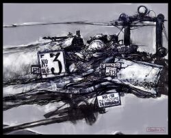  1boy acid_bufferzone armor artist_name bullet_hole cockpit controller grey_background helmet license_plate looking_to_the_side masahiro_ito mecha_pilot_suit number_print pauldrons russian_text shoulder_armor 
