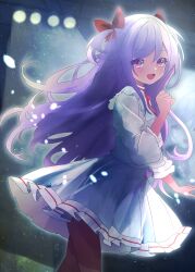  1girl :d aerial_fireworks aurora blush bow city_lights commentary_request constellation crescent_moon earth_(planet) fireworks full_moon galaxy hair_bow highres light_particles long_hair long_sleeves looking_at_viewer milky_way moon moonlight nanahana_nanana night niizuma_yae open_mouth pantyhose planet red_bow shirt shooting_star skirt sky smile solo space spotlight star_(sky) starry_sky starry_sky_print two_side_up very_long_hair white_shirt window world_dai_star 