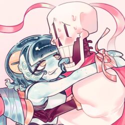  1:1 1boy 1girl 2026 2d anthro aqua_ribbon aqua_skin armor arms_around_neck black_shirt breasts cape cephalopod cephalopod_eyes colored_skin crop_top cropped digital_media duo eyelashes female gloves gradient_background green_hair halftone halftone_background height_difference hetero horizontal_pupils humanoid ichi_(tentaclesnbones) interspecies invisible_chair male monster monster_boy monster_girl oc_x_canon octopus octopus_girl orange_background orange_ribbon original original_character papyrus_(undertale) red_cape red_gloves restrained ribbon shirt short_hair sitting sitting_on_lap skeleton suction_cups sweat teeth tentacle_girl tentacle_hair tied_up_(nonsexual) tube_shirt undead undertale utdr_(toby_fox) white_armor white_crop_top yellow_eyes 
