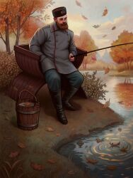 1boy alexander_iii autumn autumn_leaves beard black_boots black_coat blue_pants boots brown_hair bucket coat facial_hair falling_leaves fishing fishing_rod full_beard hand_in_pocket hat highres holding holding_fishing_rod knee_boots leaf male_focus mustache pants piccoladuce pond real_life river russian_empire short_hair solo tsar ushanka very_short_hair 