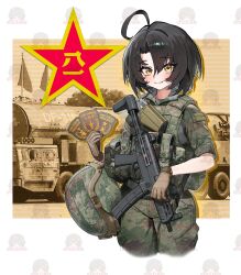  1girl absurdres ahoge black_hair border bulletproof_vest camouflage camouflage_jacket camouflage_pants closed_mouth combat_helmet cowboy_shot fang gloves gun handgun helmet highres intercontinental_ballistic_missile jacket looking_at_viewer original pants people's_liberation_army short_hair solo standing submachine_gun tactical_gloves tuziki_sang weapon weapon_request white_border yellow_eyes 