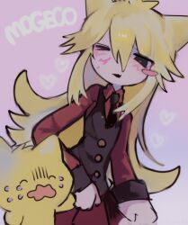  1girl animal_hat black_eyes black_necktie black_vest blonde_hair blood blush cat_hat colored_blood creature crying english_text funamusea hat heart highres miruki_nuko moge-ko mogeko_(species) mogeko_castle necktie one_eye_closed pink_blood red_shirt red_skirt shirt skirt vest 