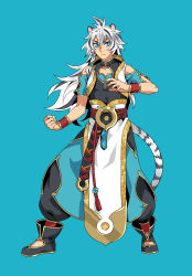  1boy animal_ears ankle_boots bad_id bad_pixiv_id bare_shoulders black_hair black_pants black_shirt blue_background blue_pants blue_shirt boots collarbone double-parted_bangs fighting_stance fohl_fayon_(tate_no_yuusha_no_nariagari) frown full_body gold_trim hair_between_eyes highres layered_shirt long_hair male_focus messy_hair minami_seira multicolored_hair official_art pants promotional_art shirt short_sleeves simple_background sleeveless sleeveless_shirt solo tail tate_no_yuusha_no_nariagari tiger tiger_boy tiger_ears tiger_tail two-tone_hair two-tone_pants v-shaped_eyebrows vest white_hair white_tiger white_vest 