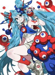  1girl ahoge aqua_eyes aqua_hair artist_name bare_shoulders blue_cape blue_socks blunt_ends cape collared_shirt cropped_shirt expo2025 extra_eyes hatsune_miku highres holding holding_poke_ball kkyingdd long_hair long_sidelocks looking_at_viewer myaku-myaku navel poke_ball red_cape red_socks shirt short_cape shorts sidelocks simple_background smile socks twintails two-tone_cape very_long_hair vocaloid white_background white_shirt white_shorts wing_collar 