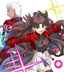  1boy 1girl aqua_eyes archer_(fate) archer_(honkai:_star_rail)_(fate) black_gloves black_hair black_ribbon blue_eyes breasts closed_mouth commentary_request cropped_jacket dark-skinned_male dark_skin fate/stay_night fate_(series) floating_hair gloves grey_eyes hair_ribbon holding holding_weapon honkai:_star_rail honkai_(series) jacket jewelry long_hair long_sleeves looking_at_viewer magic medium_breasts open_mouth parted_bangs pendant profile red_jacket ribbon rin's_pendant_(fate) shoori_(migiha) short_hair smile tohsaka_rin tohsaka_rin_(honkai:_star_rail) two_side_up weapon zelretch_sword 