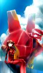  blue_eyes brown_hair cloud clouds eva_02 highres kisaragi_(domino) long_hair mecha neon_genesis_evangelion plugsuit robot sitting soryu_asuka_langley souryuu_asuka_langley 