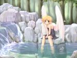  1girl blonde_hair blush fairy fish forest getty green_eyes original pointy_ears short_hair smile solo source_request water wings 