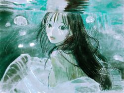  1girl aqua_eyes black_hair byakugun floating_hair from_behind highres jellyfish limited_palette lips looking_at_viewer looking_back original reflection reflective_liquid sketch underwater upper_body wispy_bangs 