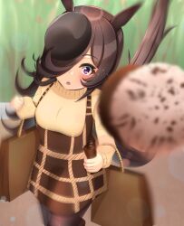  1girl absurdres animal_ears bag black_pantyhose blush brown_dress brown_hair brown_sweater commentary_request dress flipped_hair hair_over_one_eye hat highres horse_ears horse_girl horse_tail katsushika_yuki long_hair long_sleeves open_mouth pantyhose rice_shower_(umamusume) shopping_bag sleeveless sleeveless_dress solo sweater tail tilted_headwear umamusume violet_eyes 