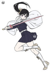  1girl artist_logo belt black_hair black_jacket black_skirt boots breasts butterfly_hair_ornament cloak commentary_request demon_slayer_uniform dynamic_pose floating_hair full_body hair_ornament holding holding_sword holding_weapon jacket katana kimetsu_no_yaiba knee_boots lace-up_boots leg_up logo looking_at_viewer medium_breasts mery_(yangmalgage) miniskirt parted_lips pleated_skirt side_ponytail simple_background skirt solo sword tsuyuri_kanao violet_eyes weapon white_background white_belt white_boots white_cloak 