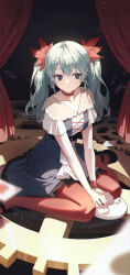  1girl absurdres alternate_costume alternate_hair_length_(shorter) alternate_hairstyle aqua_eyes aqua_hair between_legs black_dress black_shoes choker closed_mouth collarbone commentary_request double-parted_bangs dress emduck fingernails hair_between_eyes hair_tie hand_between_own_legs hatsune_miku hatsune_miku_(regret) highres karakuri_pierrot_(vocaloid) mask pantyhose red_choker red_pantyhose shoes short_twintails sitting twintails vocaloid wariza wristband 