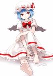  1girl barefoot bat_wings blue_hair bow dress hat hat_ribbon looking_at_viewer nosuku puffy_sleeves red_eyes remilia_scarlet ribbon short_sleeves signature simple_background sitting slippers smile solo touhou white_background white_dress wings 