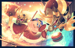  5health absurdres armor backwards_hat bandaid bandaid_on_face baseball_cap bat_wings battle black_border border commentary_request fur-trimmed_robe fur_trim glowing glowing_eyes hammer hat highres holding holding_hammer holding_polearm holding_sword holding_weapon king_dedede kirby kirby_(series) kirby_fighters_2 mask meta_knight open_mouth outside_border pauldrons polearm red_eyes robe shoulder_armor sparkle spear star_(symbol) sword waning_crescent_masked_dedede waxing_crescent_masked_meta_knight weapon wings yo-yo yo-yo_kirby 