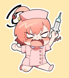  1girl absurdres ahoge blue_archive blush chibi commentary_request fang halo hat highres holding holding_syringe mole mole_under_eye neru_(blue_archive) nurse nurse_cap orange_hair shigeta_(yankeehamama) short_hair simple_background skin_fang syringe yellow_background 