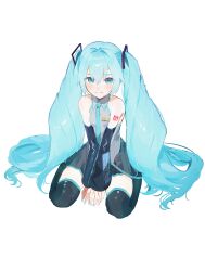  1girl absurdres aqua_eyes aqua_hair aqua_nails aqua_necktie aqua_trim bare_shoulders commentary_request detached_sleeves grey_shirt hair_between_eyes hair_intakes hair_ornament hands_on_ground hatsune_miku highres long_hair looking_at_viewer necktie number_tattoo raako_(pixiv_117730487) shirt simple_background sitting skirt sleeveless sleeveless_shirt solo tattoo thigh-highs twintails very_long_hair vocaloid wariza white_background 