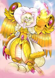  +_+ 1girl absurdres animal_ear_fluff animal_ears arm_up armor blonde_hair breasts cat_ears cat_mask claws closed_mouth coat commentary digimon digimon_(creature) ear_piercing ectodrool english_commentary extra_ears floating full_body fur_trim gem gold_armor gold_collar golden_wings green_eyes hair_between_eyes highres holy_ring large_breasts light_rays looking_up low_twintails mask multiple_animal_ears oversized_limbs piercing pink_gem rasielmon sidelocks solo twintails white_coat white_fur wings 