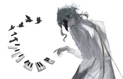  1boy backlighting bird black_mask blue_hair closed_mouth coat commentary covered_eyes dottore_(genshin_impact) eye_mask facing_viewer from_behind genshin_impact hand_up highres kyuuriren lab_coat long_sleeves male_focus mask pale_skin piano_keys pigeon short_hair sidelocks simple_background smile solo standing wavy_hair white_background white_coat 