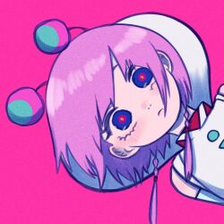  1girl antennae blush braid closed_mouth commentary_request eyelashes helmet highres jumpsuit kaf_(kamitsubaki_studio) kamitsubaki_studio looking_at_viewer medium_hair namayatsuwashi pink_background pink_hair pink_pupils simple_background solo space_helmet spacesuit twin_braids twintails violet_eyes virtual_youtuber white_jumpsuit wide-eyed yellow_pupils 