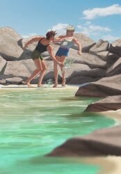  2boys battle_tendency belt black_tank_top blonde_hair blue_shorts brown_hair caesar_anthonio_zeppeli catneylang closed_eyes clouds commentary fake_head_wings green_shorts headband highres jojo_no_kimyou_na_bouken joseph_joestar joseph_joestar_(young) male_focus multiple_boys open_mouth rock shorts sky smile splashing standing striped_clothes striped_shorts tank_top water wet white_tank_top 