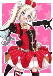  1girl :s arched_crown asymmetrical_sleeves black_thighhighs blonde_hair blue_eyes bow bow-shaped_hair bowtie commentary_request cowboy_shot crown daime_(hyahhaa10) double_v dress fang garter_straps gyaru_v highres looking_at_viewer love_live! love_live!_hasu_no_sora_jogakuin_school_idol_club mismatched_sleeves open_mouth osawa_rurino pink_background puffy_short_sleeves puffy_sleeves red_crown red_dress short_dress short_sleeves side_ponytail skin_fang solo star_(symbol) star_symbol_background striped_clothes striped_thighhighs thigh-highs v vertical-striped_clothes vertical-striped_thighhighs virtual_youtuber white_thighhighs yellow_bow yellow_bowtie zenhoi_kyun 
