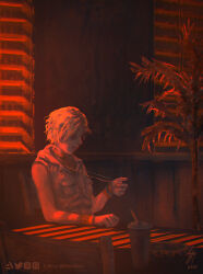  1girl 2021 blonde_hair bloodexer commentary_request cup drink heather_mason highres horror_(theme) jewelry necklace plant red_light short_hair silent_hill_(series) silent_hill_3 solo solo_focus vest white_vest window wristband 