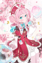  1girl aqua_eyes aqua_hair blush branch breasts bubble cherry_blossoms commentary_request dress drill_hair gradient_hair hair_between_eyes hair_intakes hat highres holding honkai:_star_rail honkai_(series) hyacine_(honkai:_star_rail) lemon_verbena long_hair long_sleeves looking_at_viewer multicolored_hair open_mouth pink_hair poking red_dress red_hat sitting solo twin_drills twintails two-tone_hair 