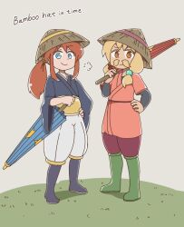  2girls a_hat_in_time alternate_costume black_shirt blonde_facial_hair blonde_hair blue_eyes blue_umbrella boots brown_hair brown_hat check_clothing closed_mouth closed_umbrella clothing_request commentary_request english_text facial_hair green_boots grey_background hair_ornament hair_tie hand_on_own_hip hat hat_kid hat_ribbon holding holding_umbrella japanese_clothes kimono knee_boots long_hair long_sleeves looking_at_viewer multiple_girls mustache mustache_girl obi orange_eyes oudon_tue over_shoulder pants ponytail purple_boots purple_kimono purple_pants purple_ribbon red_kimono red_umbrella ribbon rice_hat sash shadow shirt shorts sidelocks smile standing star_(symbol) umbrella white_shorts yellow_ribbon yellow_sash yukata 