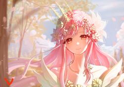  1girl asymmetrical_sidelocks blue_sky brown_eyes brown_pupils chinese_commentary closed_mouth clouds collarbone commentary_request crown day dot_nose dress dress_flower eyeliner eyes_visible_through_hair falling_petals flower gold_crown gold_necklace green_dress happy head_wreath highres hill infinity_nikki jewelry lipstick lofter_id_2216479755 long_hair long_sidelocks looking_at_viewer makeup mini_crown neck_flower necklace nikki_(nikki) nikki_(series) off-shoulder_dress off_shoulder official_alternate_costume outdoors petals pink_flower pink_hair pink_lips red_eyeliner red_flower short_sleeves sidelocks sky smile solo soundless_dawn_(infinity_nikki) straight-on upper_body very_long_hair wavy_hair yellow_flower 