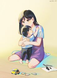  1girl black_hair brother_and_sister commentary gokun highres hug mari_(omori) omori siblings sunny_(omori) toy 