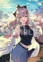  1girl :d bare_shoulders belt black_belt black_ribbon black_shirt blue_pants blue_sky blue_streaks breasts clouds cloudy_sky commentary crop_top ear_piercing earrings evening floating_hair gradient_hair grey_eyes grey_hair hair_ornament hair_ribbon hairclip heterochromia high_ponytail ishigami_nozomi jacket jacket_partially_removed jewelry lake lens_flare long_hair looking_at_viewer medium_breasts midriff_peek multicolored_hair nail_polish nijisanji off_shoulder official_alternate_costume official_art okuma_mai open_mouth outdoors pants piercing ponytail red_eyes red_nails red_streaks ribbon see-through_clothes see-through_jacket shirt sky sleeveless sleeveless_shirt sleeves_past_wrists smile solo spiked_ear_piercing streaked_hair virtual_youtuber white_jacket 
